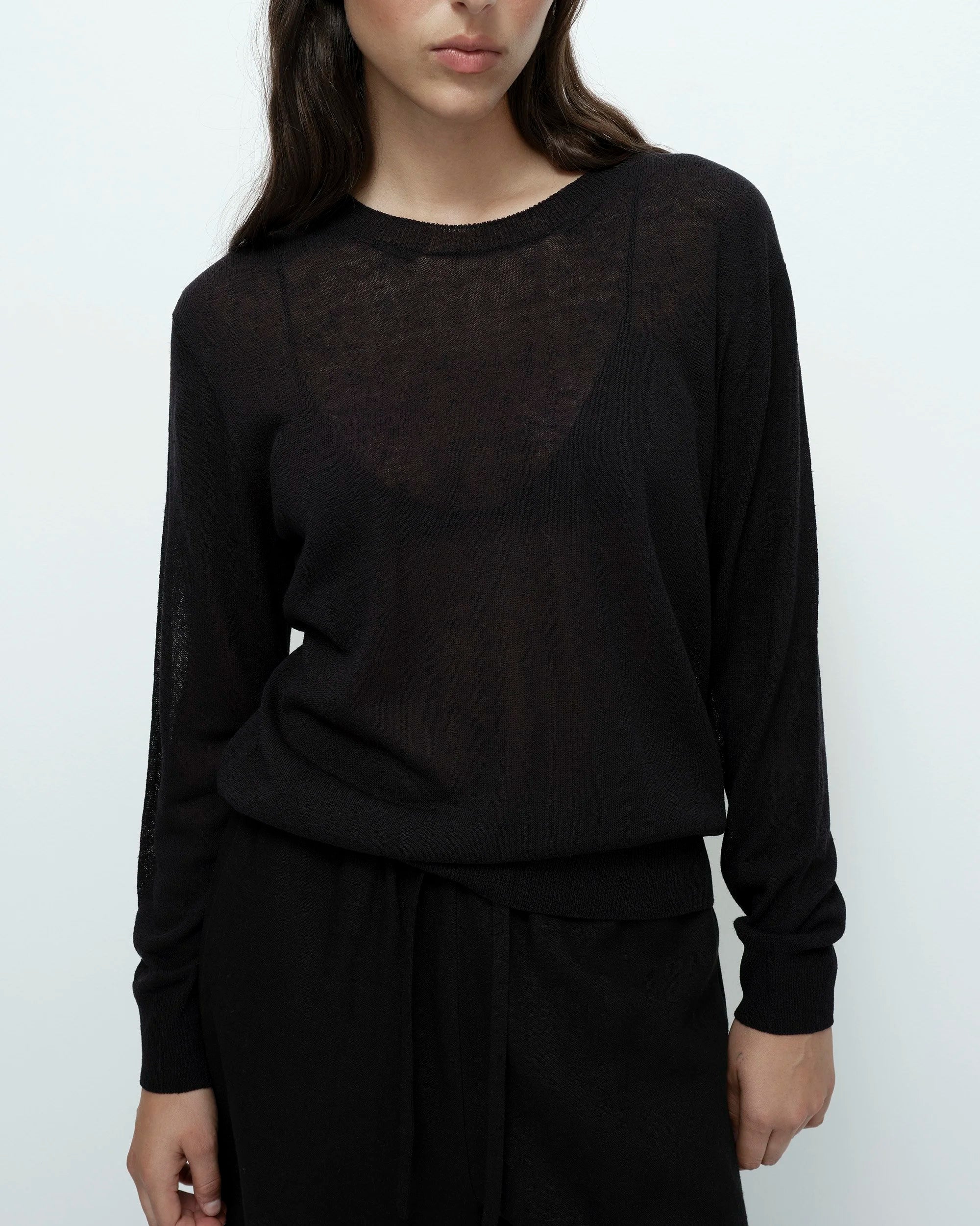 SEMI SHEER LINEN BLEND KNIT TOP - BLACK