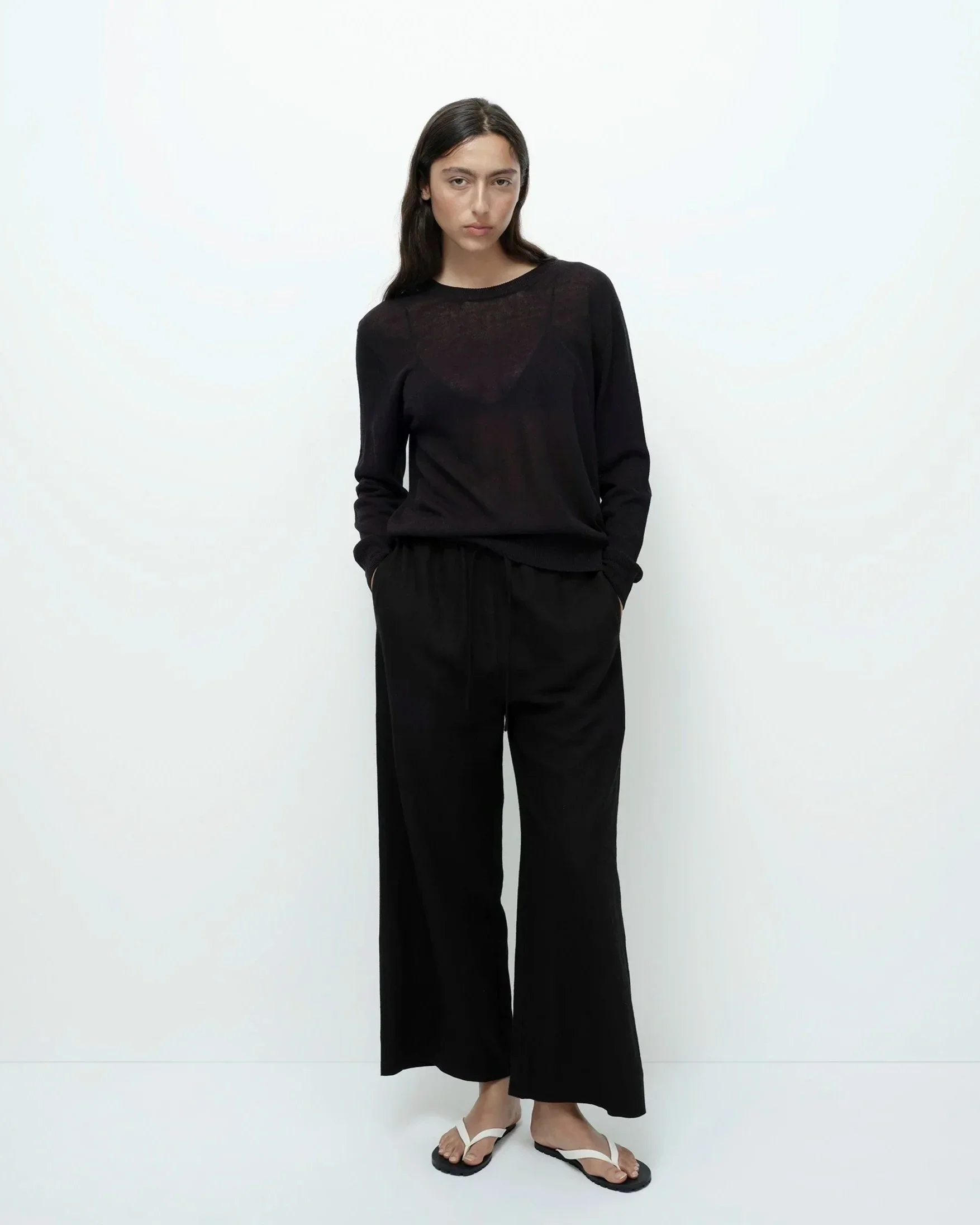 SEMI SHEER LINEN BLEND KNIT TOP - BLACK - Image 2