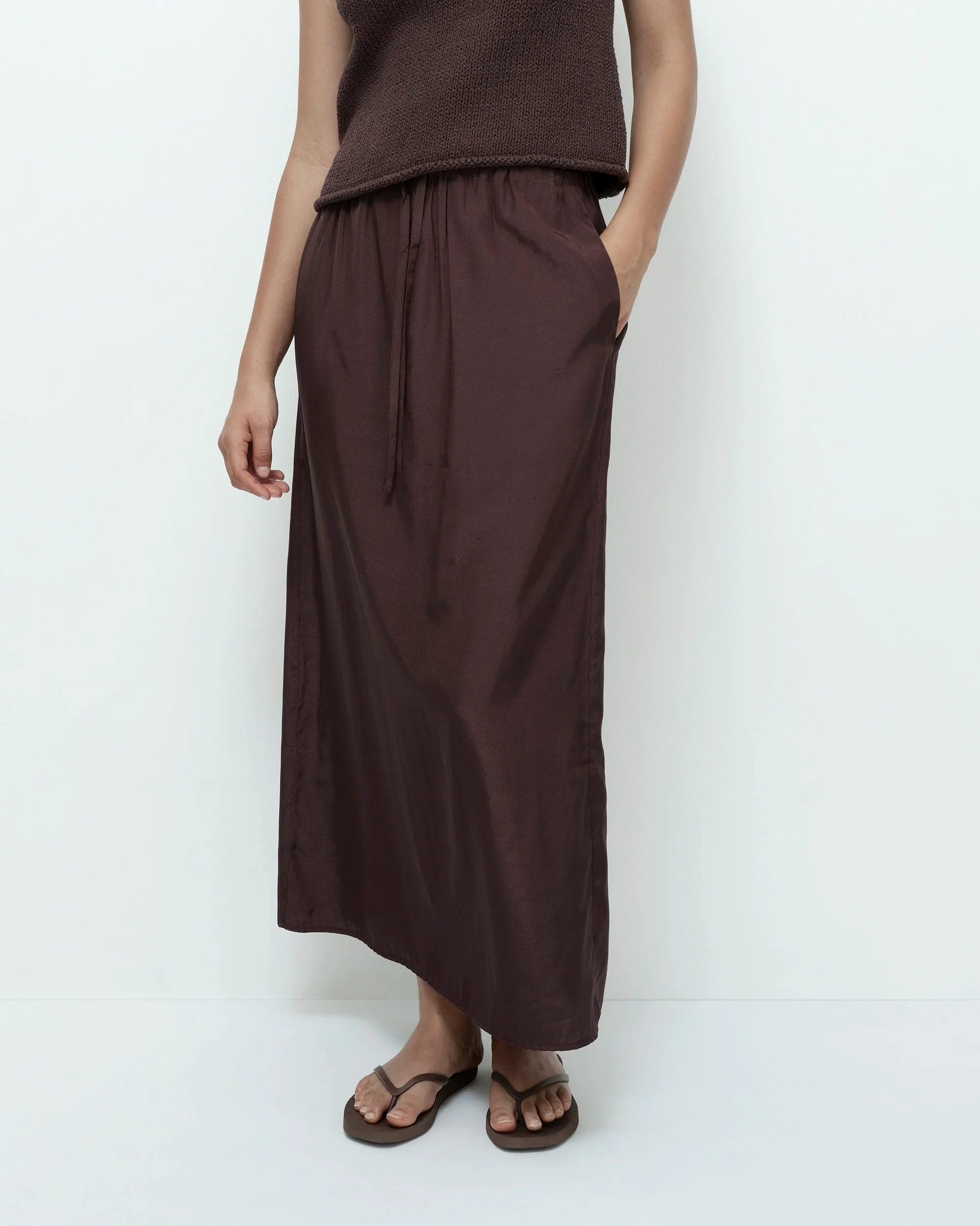 DRAWSTRING MIDI SKIRT - DARK BROWN