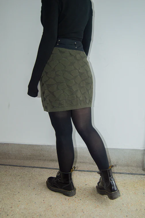 Fold Over Knit Cotton Olive Mini Skirt - Image 2