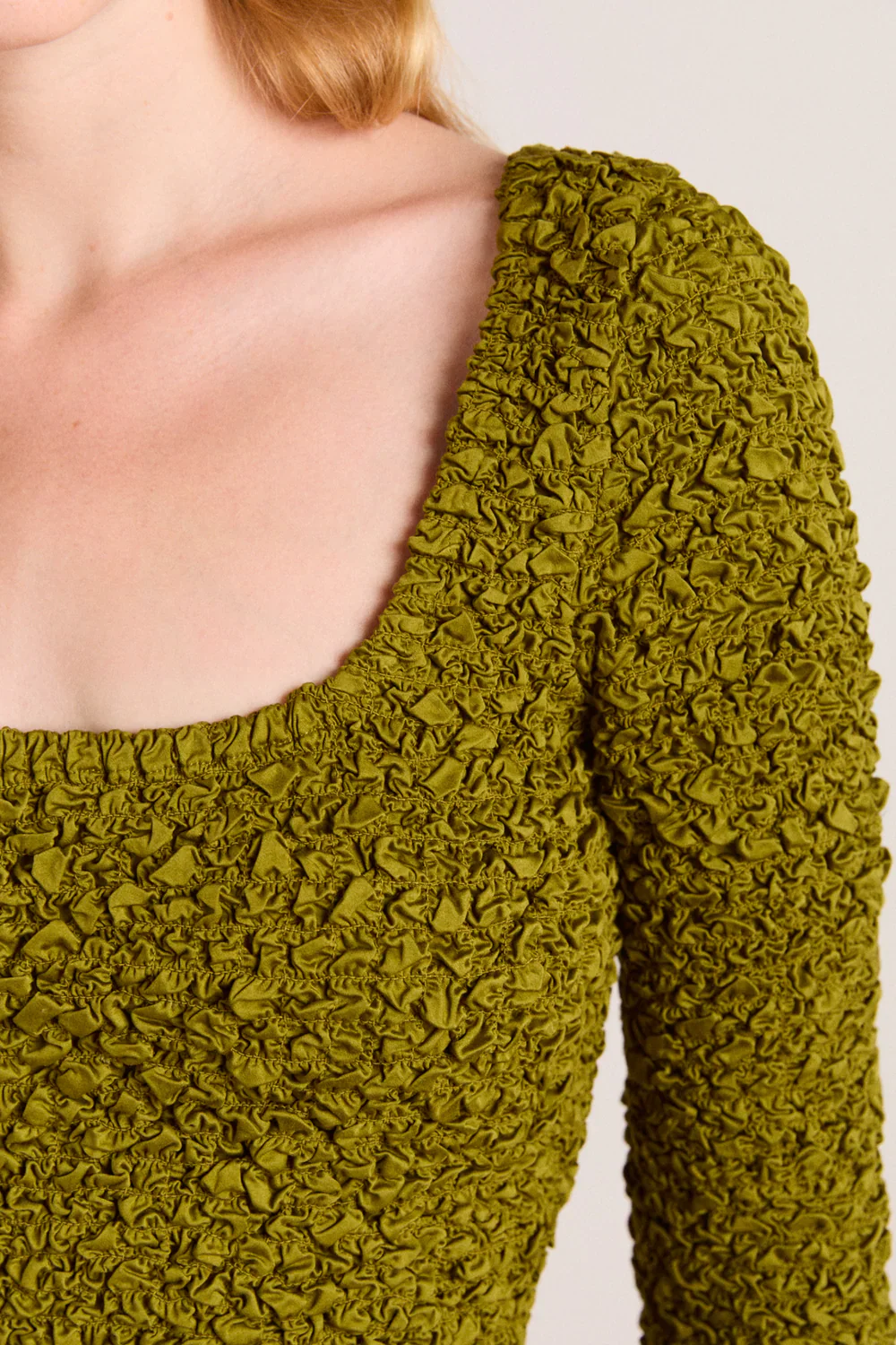 Malinda Smocked Mini Dress in Olive - Image 3