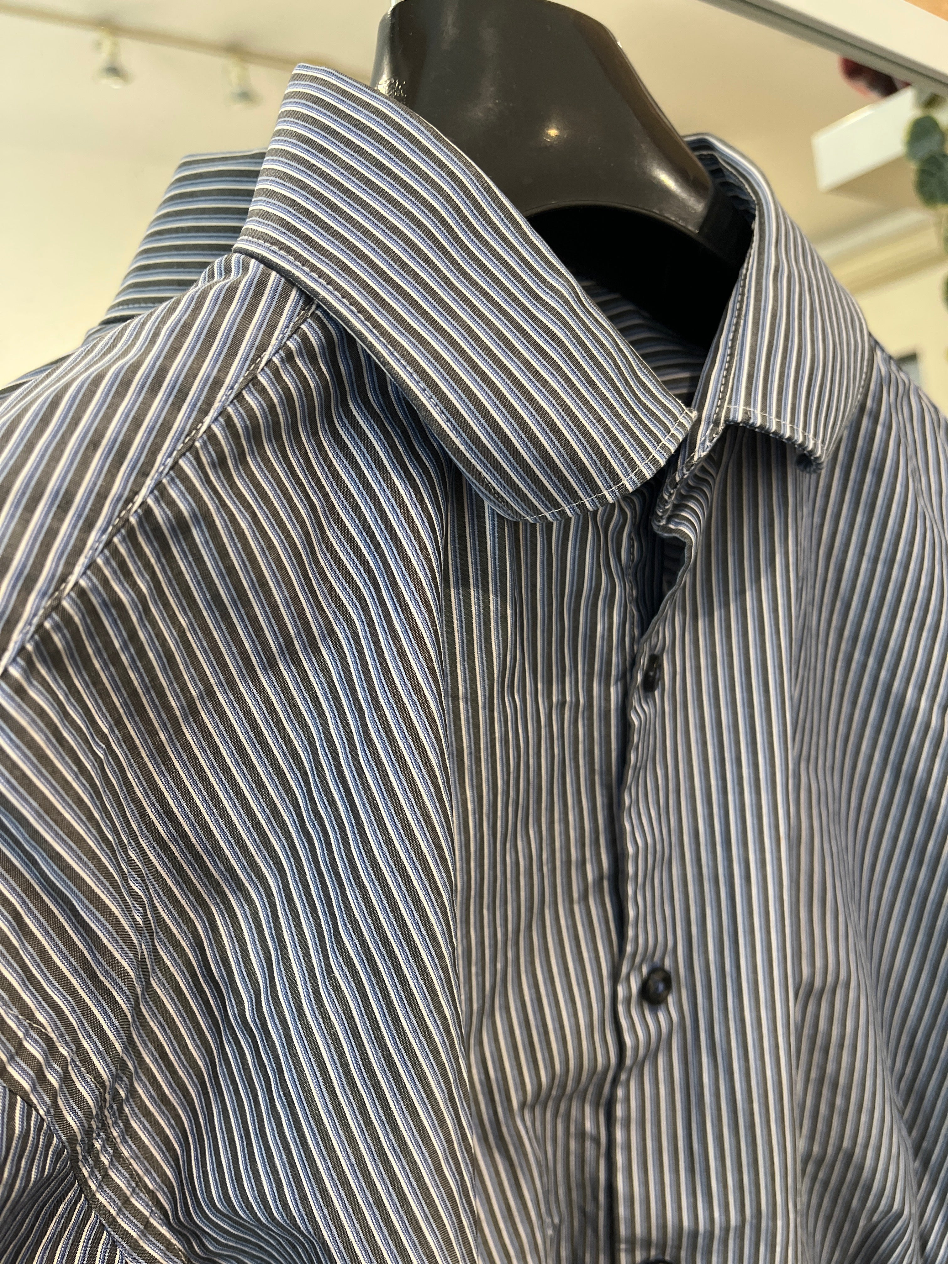 Nena Hansen Bungee Shirt in Blue, White and Charcoal Pinstripe Small - Image 2