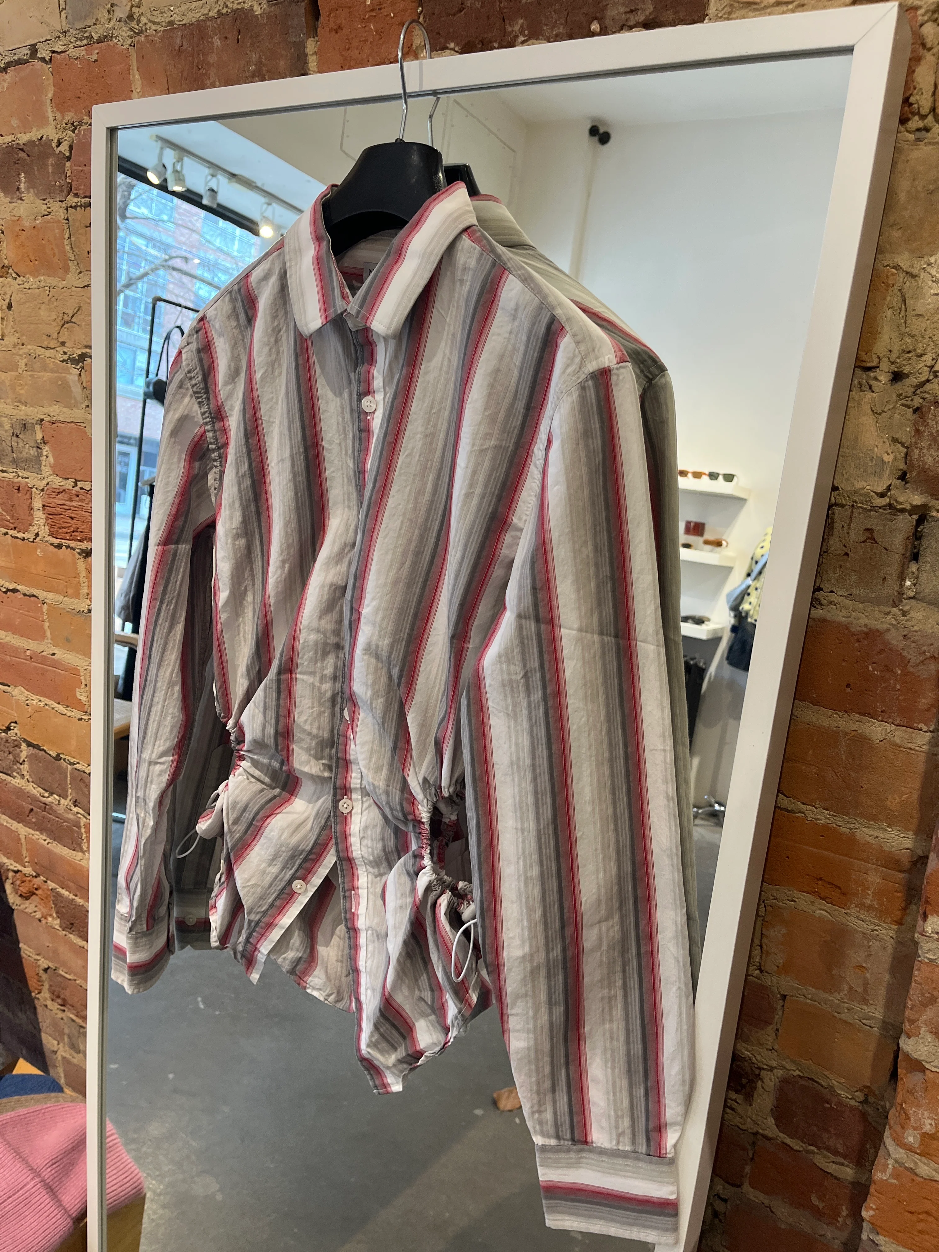 Nena Hansen Bungee Shirt in White with Tonal Grey and Red Stripes Small