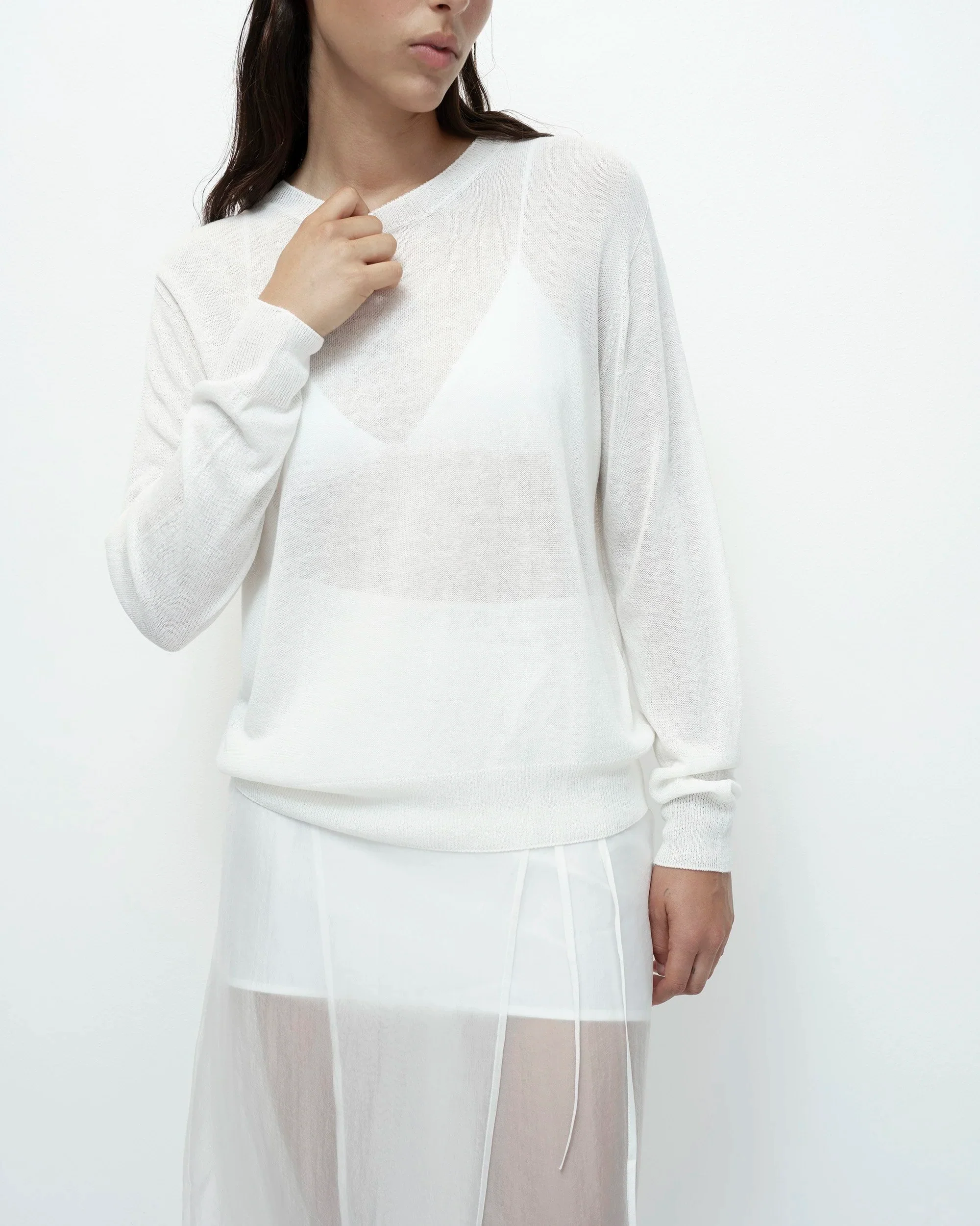 SEMI SHEER LINEN BLEND KNIT TOP - WHITE