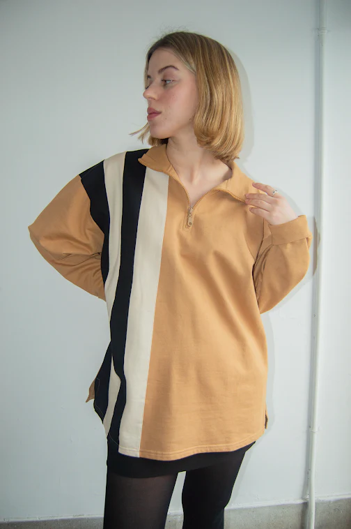 Sporty Beige, Black and White Quarter Zip Sweatshirt