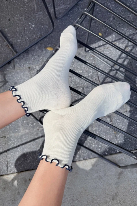 The Petite Ruffled Modal Socks in SOFT WHITE/NAVY