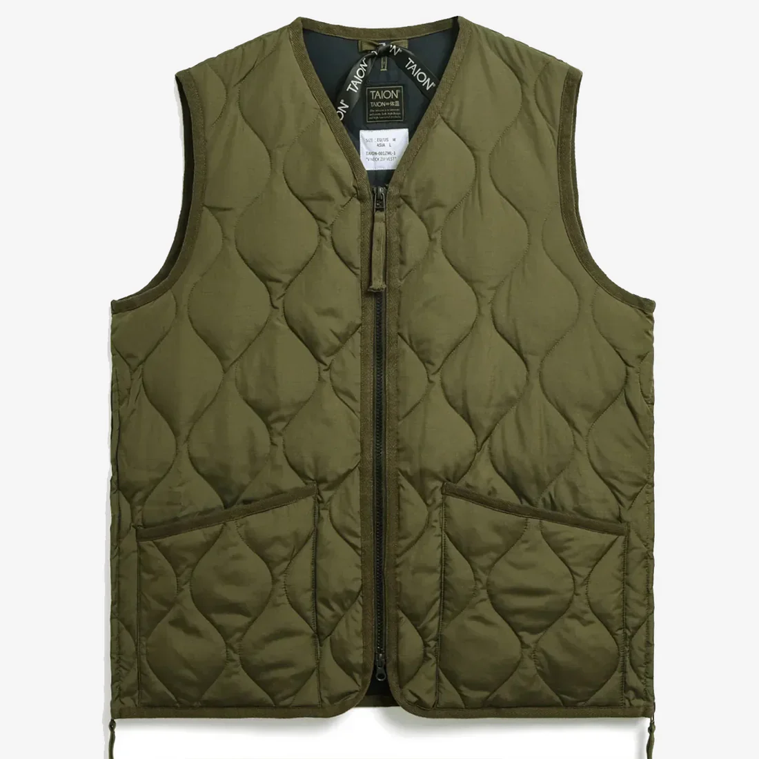 Zip V Neck Down Vest in Dark Olive